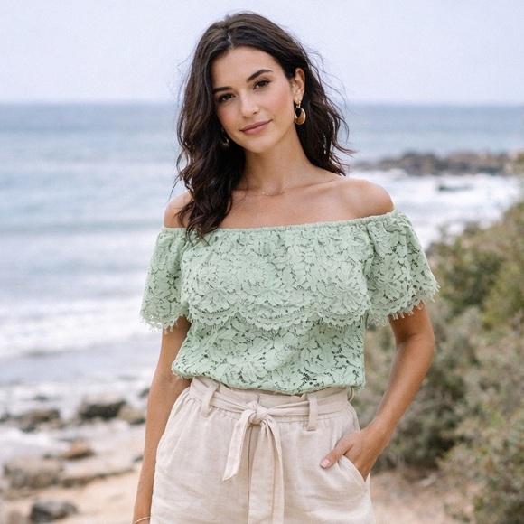 Sugar Lips Sage Off The Shoulder Lace Top | Size S - Picture 9 of 9